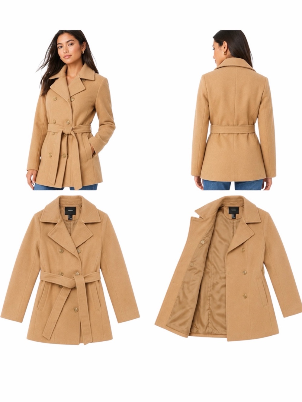 Forever 21 Women's Camel Double-Breasted Peacoat with Belt
